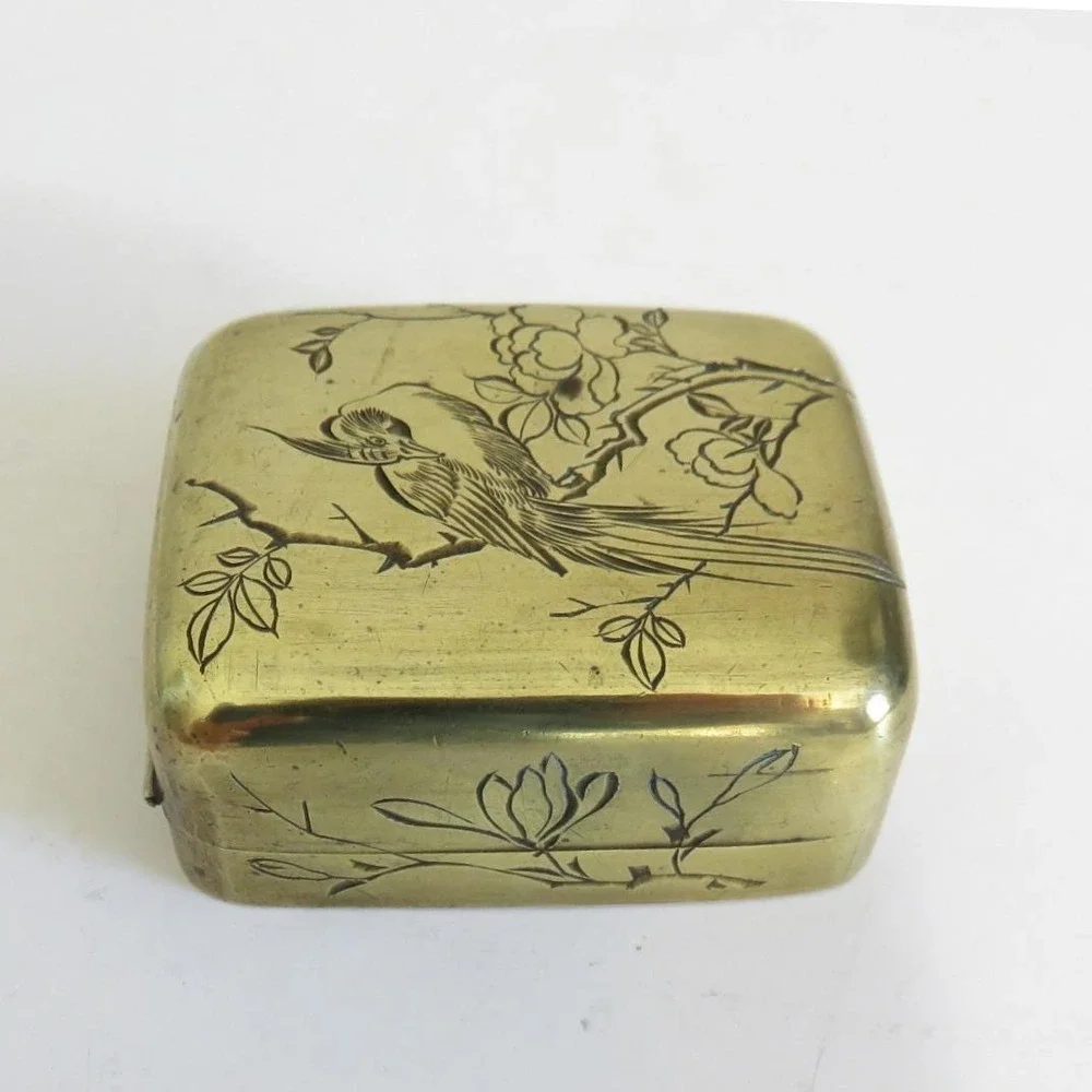 Vintage Asian‎ Brass Trinket Box Bird Flower Engraving Hinged Small Keepsake
